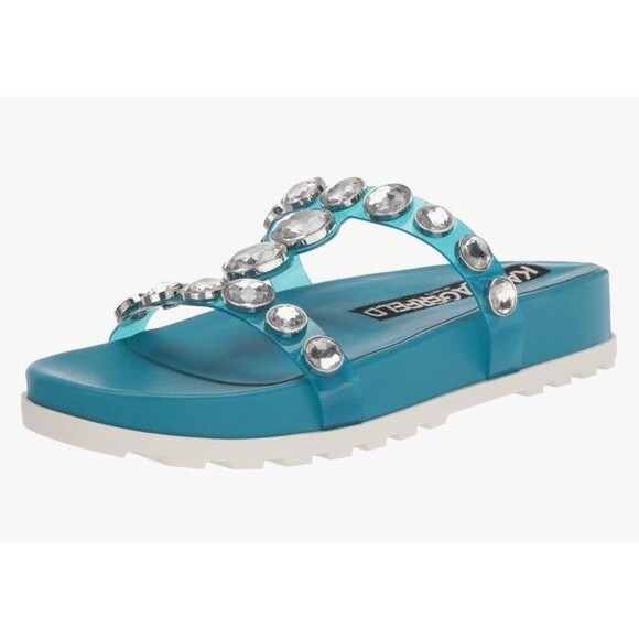 Karl Lagerfeld Belinda Diva Blue Rhinestone Slide Platform Sandals 8M New - Picture 1 of 12